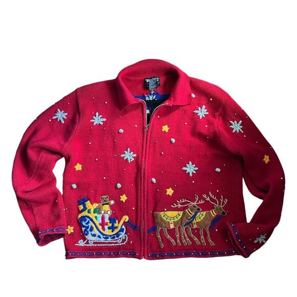 Designers Originals Vintage Christmas Sweater Beaded Embroidered Santa Reindeer - Picture 1 of 8